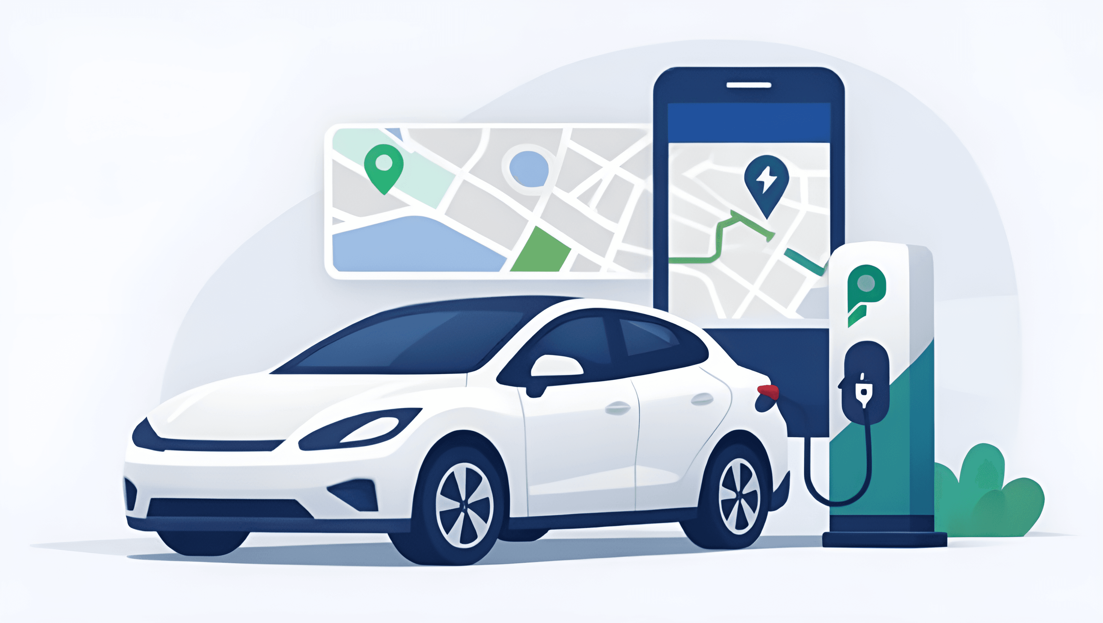 Voiture électrique connectée à une borne, smartphone affichant la carte des places disponibles